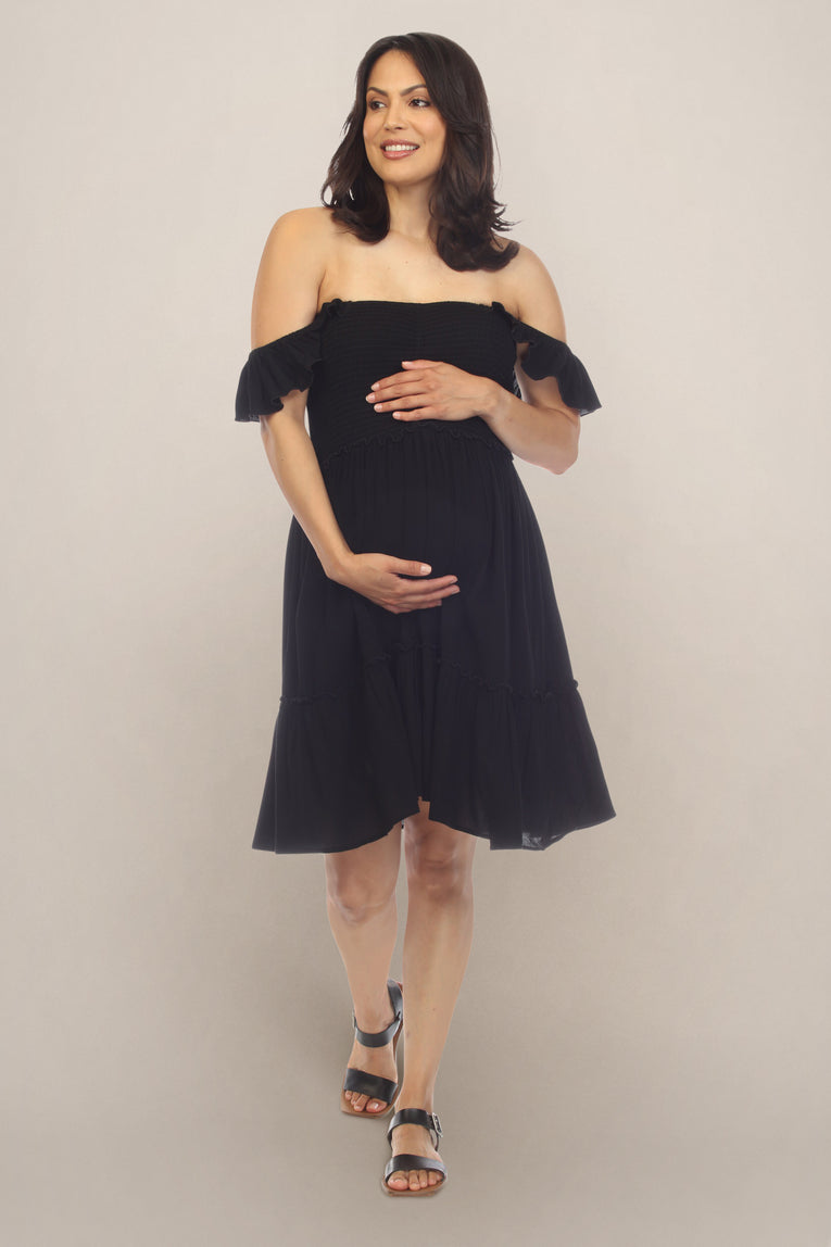 Basic Black Off Shoulder Maternity Dress Front Side
