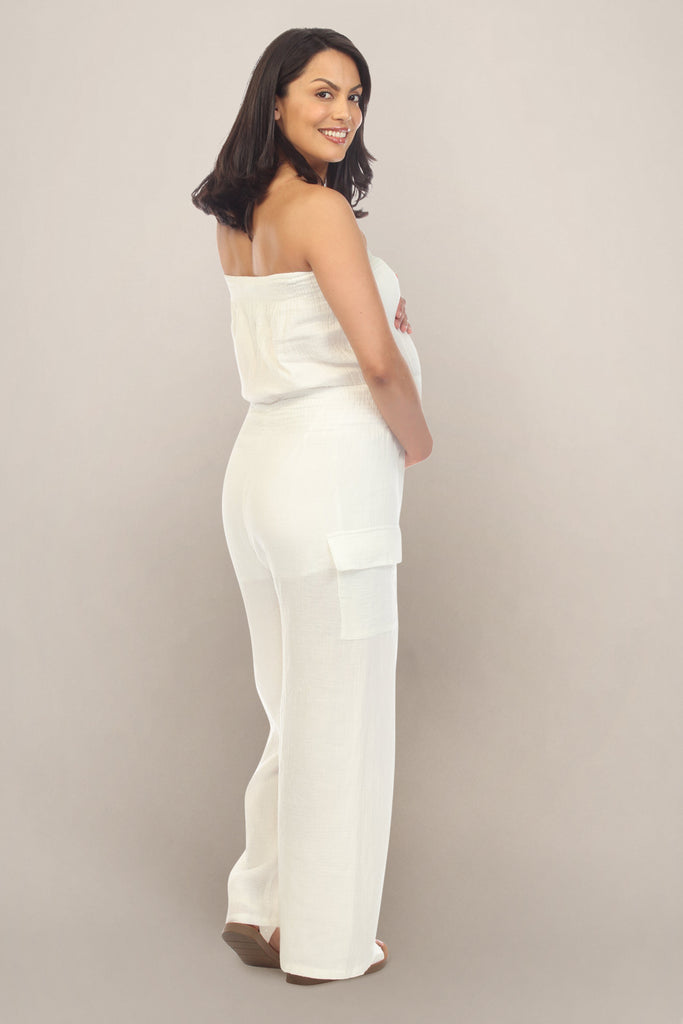 Casual Plain White Jumpsuit Maternity Dress Back