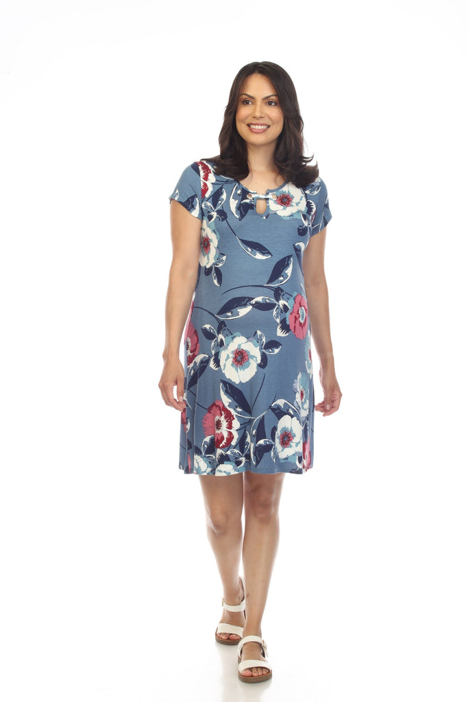Tropical Blue Gray Floral Maternity Dress Front